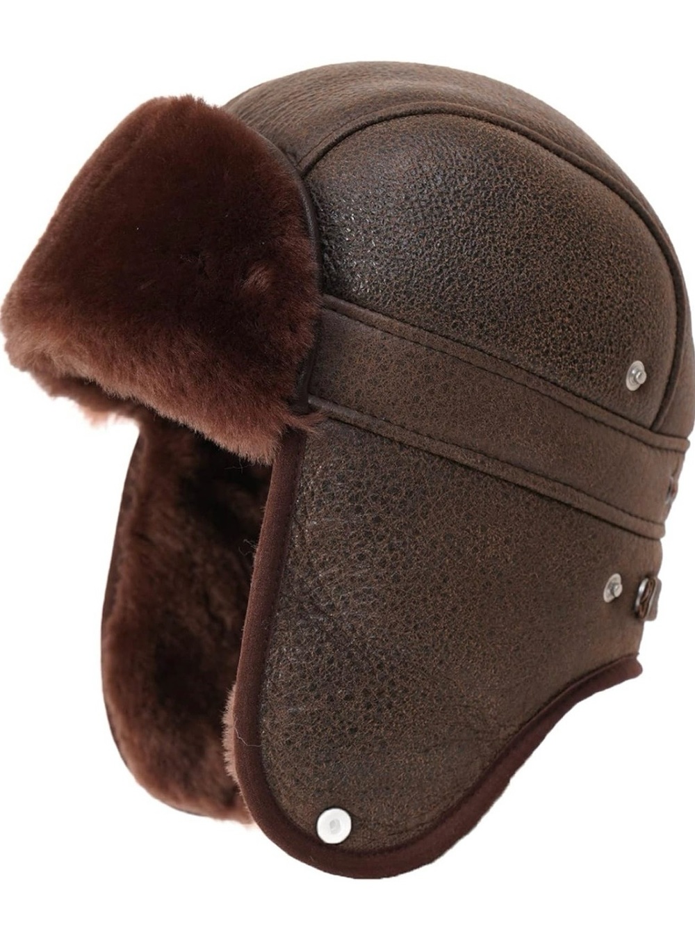 Mumcu’s Leather Russian Style Aviator Bomber Hat - Sheepskin Fur Hat MEDIUM